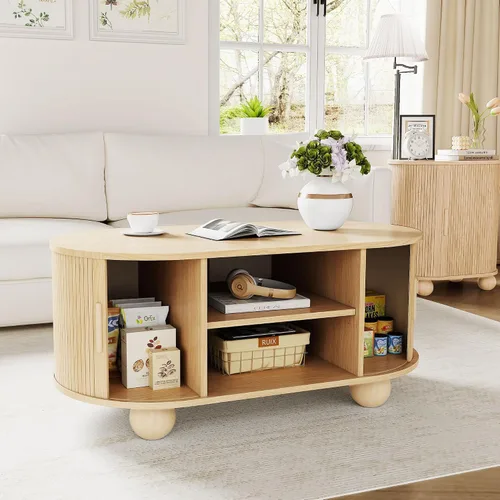 Vista 5 de Mesa auxiliar rectangular, mesas de centro acanaladas para sala de estar, mesa de centro de mediados de siglo con almacenamiento y puertas Natural