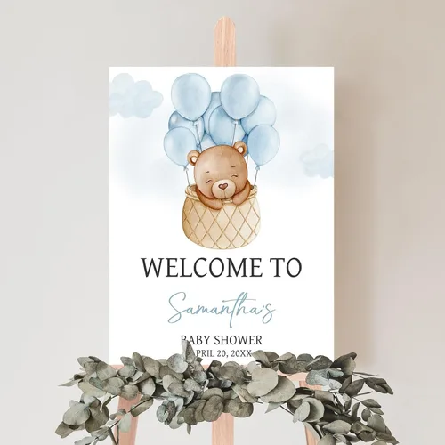 Vista 19 de Letrero de bienvenida de elefante editable para baby shower, letrero floral azul para baby shower, letrero con nombre personalizado para niño o niña