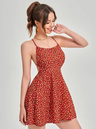 Vista 4 de Floerns Vestido corto sin mangas para mujer, diseño floral, espalda descubierta, con lazo en la espalda