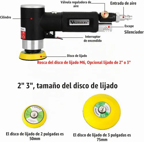 Vista 2 de Valianto Mini lijadora neumática de 2 pulgadas y 3 pulgadas, pulidora neumática excéntrica orbital aleatoria de doble acción con placa de rosca M6
