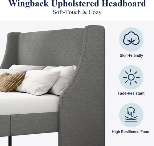 Vista 4 de Allewie Marco de Cama de Plataforma Tamaño King con Cabecera Tapizada, Respaldo Wingback Moderno de Lujo, Soporte de Listones de Madera, Base