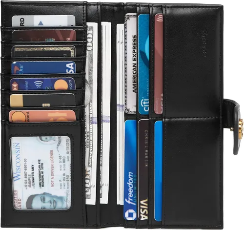 Vista 8 de cakang Billetera para mujer, compacta y delgada, plegable, con bloqueo RFID, de cuero, tarjetero con cremallera, 1-negro, Cartera delgada para mujer