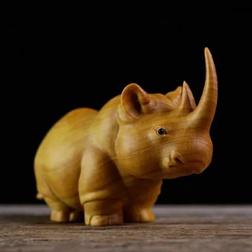 Vista 3 de Figura de rinoceronte de madera de sándalo, escultura tallada en miniatura, escultura de animales pequeños, adornos Cricetulu