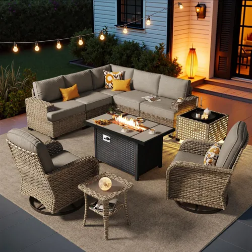 Vista 31 de HOOOWOOO Juego de muebles seccionales de patio con mesa de luz solar, 6 piezas de mimbre para exteriores, sofá en forma de L, juego de conversación