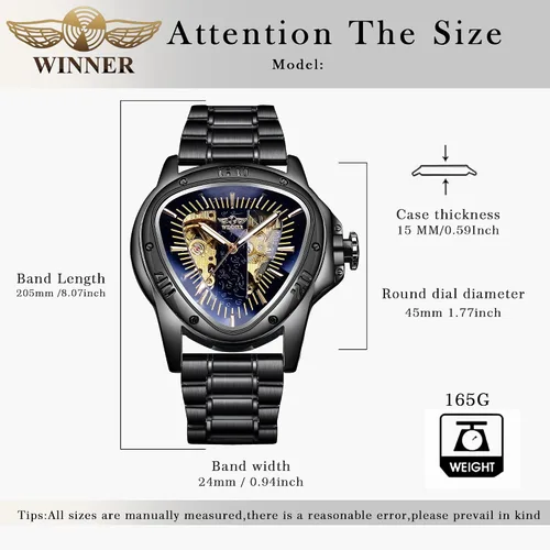 Vista 6 de Winner Fashion - Reloj de pulsera mecánico triangular de carreras, esfera de esqueleto dorado impermeable, movimiento automático, reloj mecánico