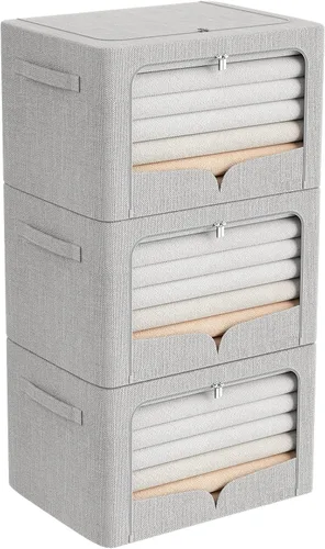 Vista 23 de FHSQX Paquete de 3 contenedores de almacenamiento de ropa plegables con marco de metal, caja de almacenamiento apilable, organizador de tela de lino
