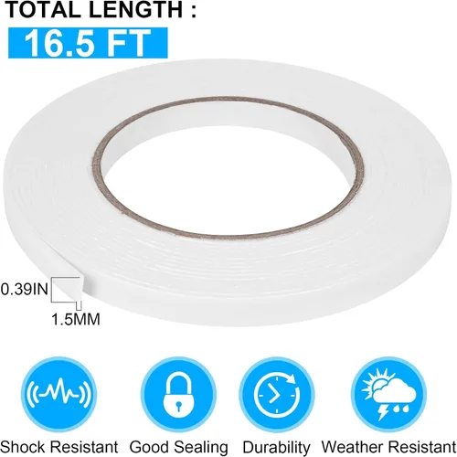 Vista 2 de Cinta adhesiva de espuma de doble cara 0.39 pulgadas x 5 metros, cinta adhesiva resistente para montaje, tiras adhesivas fuertes impermeables