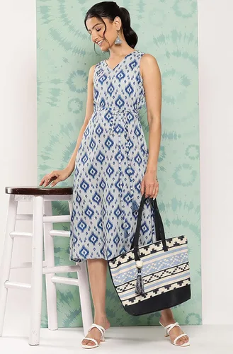 Vista 3 de Janasya Vestido de mujer gris crepé Ikat estampado A Line
