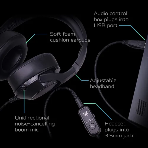 Vista 2 de Acer Predator Galea 350 - Auriculares para juegos con sonido envolvente 7.1, micrófono unidireccional con cancelación de ruido, compatible con PC