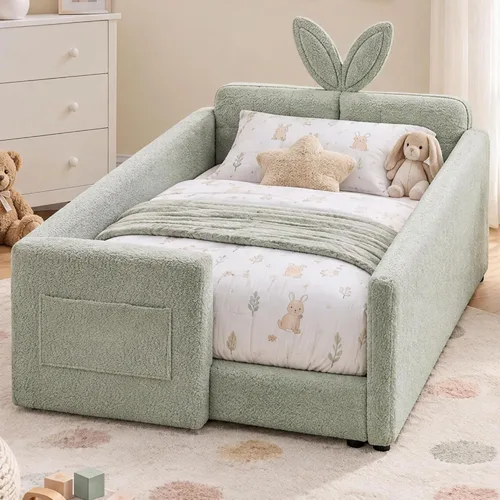 Vista 23 de Cama de suelo tapizada de tamaño matrimonial con valla y bolsillos, cama de Cama de suelo tapizada de tamaño matrimonial con listones y cabecero