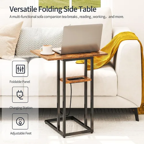 Vista 4 de karlott Mesa auxiliar plegable resistente con patas de carga de una pieza, sin montaje, mesa auxiliar en forma de C con estación de carga, mesa