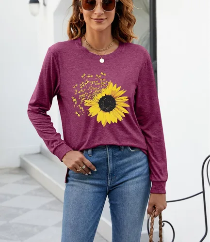 Vista 7 de Camiseta de otoño con estampado de girasol para mujer, diseño casual, holgada, manga larga, cuello redondo, túnica