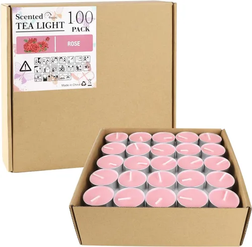 Vista 2 de Velas aromáticas de rosa rosa, paquete de 100 velas votivas gigantes a granel, juego de velas de té sin humo para el día de San Valentín