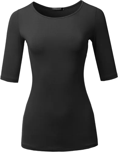 Vista 2 de SSOULM Camiseta básica elástica de manga 12 con cuello redondo y corte ajustado para mujer, talla grande