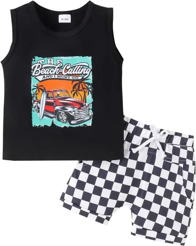 Vista 12 de Conjunto de pantalones cortos para niños pequeños, camiseta estampada junto al mar, 2 piezas, ropa de verano Conjunto de verano y árbol