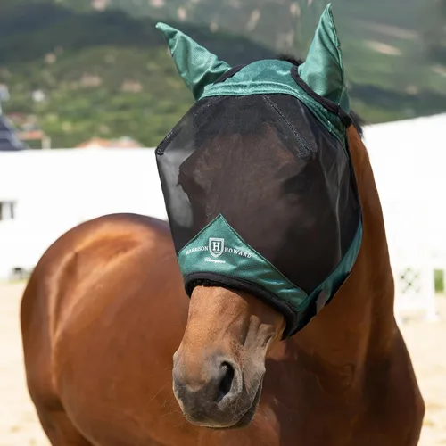 Vista 14 de Harrison Howard Máscara de mosca de caballo luminosa profesional estándar con orejas protección UV para caballo, azul y plateado, pequeño poni Azul