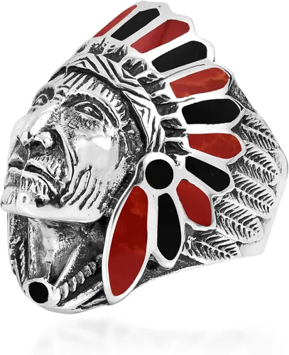 Vista 2 de AeraVida Anillo de plata de ley 925 con diseño de ónix negro y coral rojo reconstruido