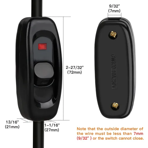 Vista 2 de Helunsi 2 Piezas Interruptor en Línea, Interruptor Negro de Cable para Electrodomésticos, Botón ON OFF para Lámpara, Clasificado 10A 250V, Control