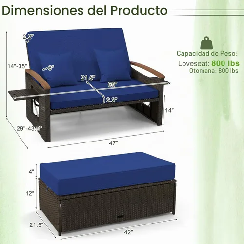 Vista 5 de Tangkula - Sofá biplaza de mimbre para patio, sofá biplaza de mimbre para Azul marino