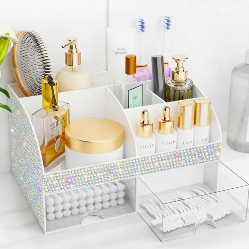Vista 16 de Organizador de maquillaje con cajones, almacenamiento de cosméticos para tocador y encimera de baño, soporte de belleza para lápiz labial y brochas