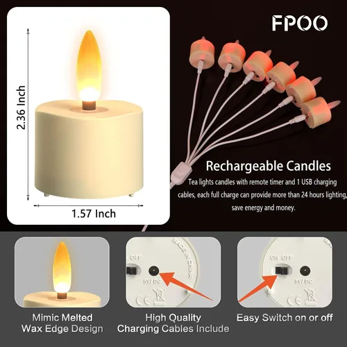 Vista 4 de FPOO Velas de té recargables con temporizador remoto, 6 velas votivas sin llama USB Rechargeable with remote, 4H/6H timer, and warm LED flicker