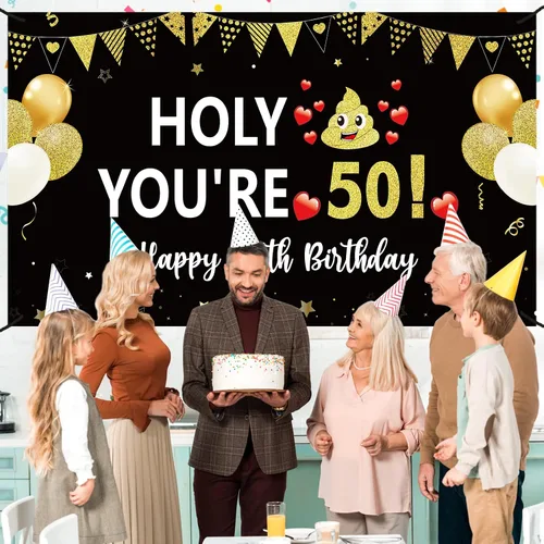 Vista 5 de Divertida pancarta de cumpleaños 50 para hombres y mujeres, pancarta de feliz cumpleaños de 50 años color negro y dorado para fiestas, fondo