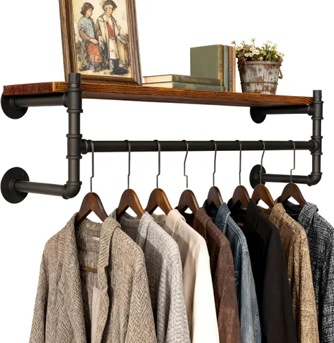 Vista 9 de WEBI Perchero de pared con estante, perchero industrial de 24 pulgadas con estantes, barra de ropa de hierro resistente, barra de ropa de exhibición