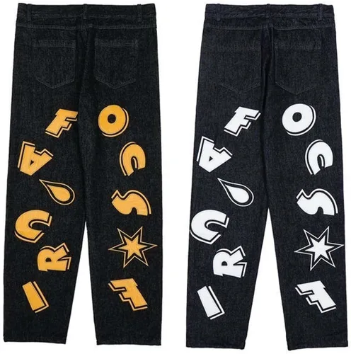 Vista 2 de Harajuku - Jeans para hombre con letras estampadas, rectos, holgados, para otoño e invierno, jeans engrosados, jeans góticos