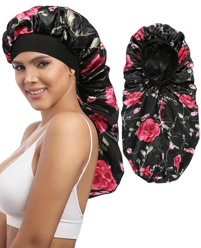 Vista 14 de AWAYTR Gorro largo de satén para mujer, gorro de seda de 2 capas para trenzas, gorro de dormir elástico con gorro de noche de banda ancha (negro)