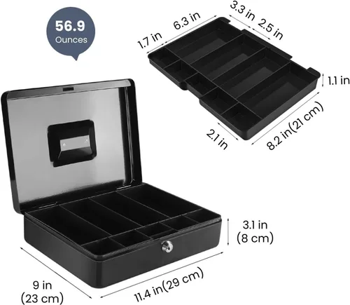 Vista 8 de Caja de Dinero Flexzion con Bandeja de Dinero y Cerradura - Caja de Dinero de Metal para Pequeñas Empresas, Caja de Dinero Negra de 9 Compartimentos
