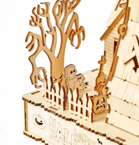 Vista 9 de Rompecabezas de madera 3D para Halloween, incluye tira de luz, rompecabezas y rompecabezas para Halloween/cumpleaños, regalos para adultos