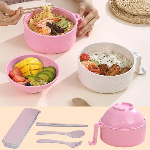 Vista 4 de Tazón de ramen para microondas, nuevo juego de tazón de ramen para microondas 2025 con colador, juego de tazón de ramen con tapa, mangos, cuchara