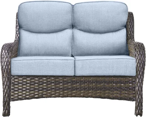 Vista 21 de Sofá Pop Patio de 2 plazas para exteriores con cojines gruesos de botones, respaldo alto, muebles de ratán de mimbre marrón resistentes y cómodos