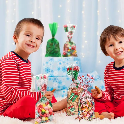Vista 6 de 120 bolsas de regalo de Navidad, bolsas de celofán de Navidad, bolsas de dulces, bolsas de golosinas con 200 lazos giratorios para fiestas