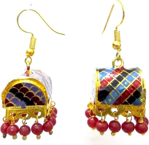 Vista 2 de DESI HAWKER Meenakari Minakari esmalte pintura oro hecho a mano pendiente Bali Jhumki Jhumka joyería Bollywood indio gota cuelga lámpara NI-227