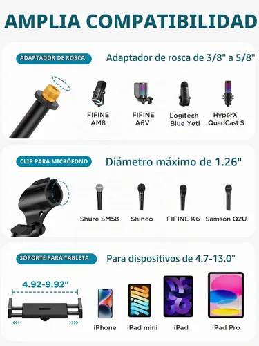 Vista 6 de InnoGear Soporte de micrófono, 6 en 1, soporte de micrófono de piso con soporte para teléfono y tableta, altura ajustable de 30 a 72 pulgadas