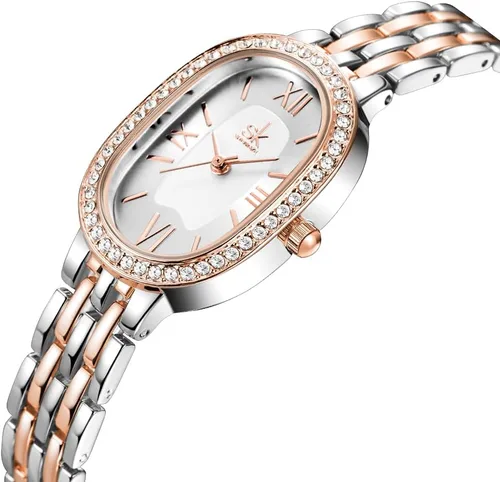Vista 4 de SHENGKE SK - Reloj de pulsera de acero de aleación sólida con detalles de cristal ovalado para mujer