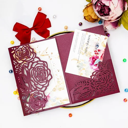 Vista 6 de Tarjeta de invitación de corte láser, tarjeta de felicitación, fiesta de graduación, rosa, flores, boda, fiesta de cumpleaños, invitaciones, Borgoña
