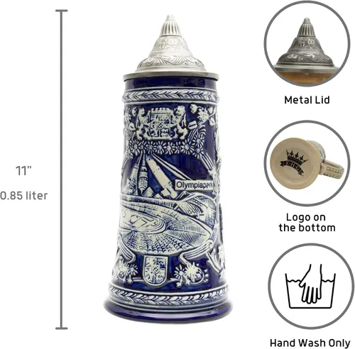 Vista 3 de Essence of Europe Gifts 0.85 litros OktoberfestHaus Alemania Stein Famous Landmarks Bier Krug Taza de cerveza grabada con tapa Taza de cerveza