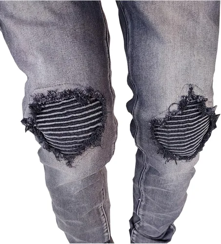 Vista 5 de Jeans ajustados y rasgados para hombre, pantalones de mezclilla elásticos ajustados con parches en las rodillas