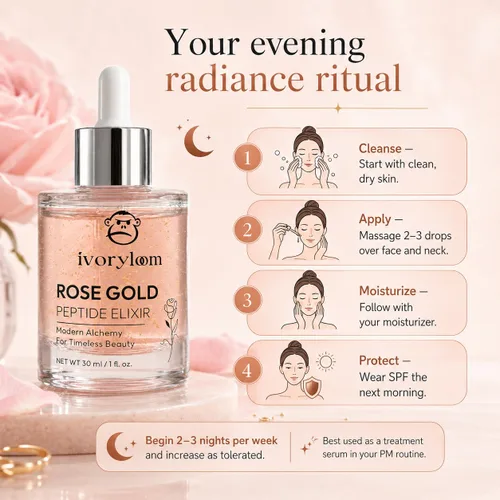 Vista 5 de ivoryloom - Suero facial de elixir peptídico de oro rosa, oro de 24 quilates, extracto de rosa, péptidos, ácido hialurónico, vitamina C