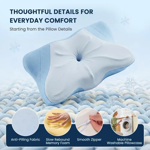 Vista 5 de OLIXIS Almohada cervical de contorno para aliviar el dolor de cuello, ergonómica de doble altura Azul