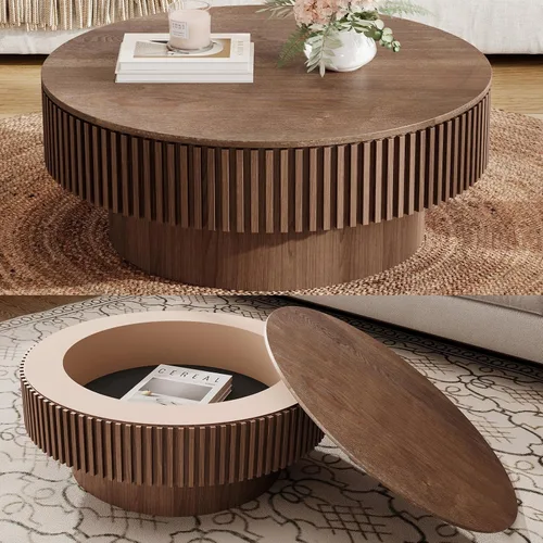 Vista 37 de Mesa de centro redonda de madera de 31.49 pulgadas con almacenamiento, mesa de centro circular acanalada de 2 niveles con tapa y estante para sala