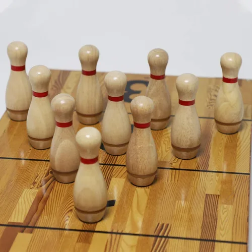 Vista 3 de Juego de alfileres de bolos de tejo con 10 pines de bolos de madera dura de alta calidad, bola de boliche triangular Durabel de resina y bolsa