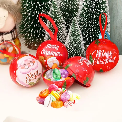 Vista 7 de Paquete de 12 cajas de bolas de caramelo de Navidad, decoración para colgar, hojalata de bolas de árbol de Navidad, frascos colgantes