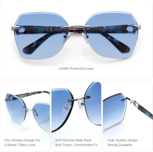 Vista 22 de ZENOTTIC Lentes de sol sin montura de gran tamaño para mujer, diseño geométrico de corte de diamante, lentes degradados, protección UV, tonos de moda