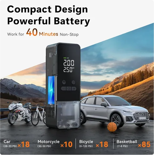 Vista 3 de CYCPLUS Inflador de Neumáticos Compresor de Aire Portátil - Bomba de Aire Inalámbrica de 150 PSI con Medidor Digital de Presión de Neumáticos