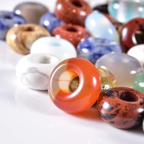Vista 5 de Cuentas de piedra natural de agujero grande (0.23 a 0.236 pulgadas) pulidas Rondelle cuentas de piedras preciosas europeas para pulseras de dijes