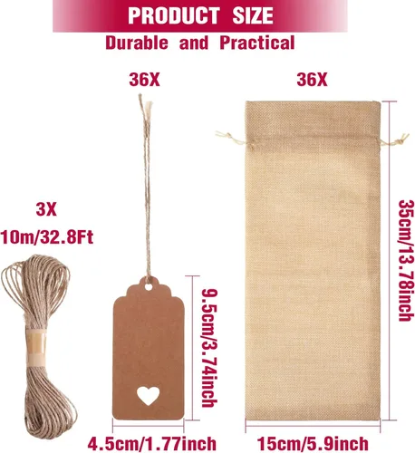 Vista 2 de Shappy 36 bolsas de vino de arpillera a granel, boda, compromiso, despedida de soltera, regalo para recién casados, cubierta de lona para botella