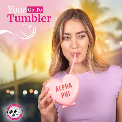 Vista 7 de Sorority Shop Theta Phi Alpha - Vaso con popote en forma de corazón, de 16 onzas, con tapa y popote de silicona, vaso de plástico reutilizable
